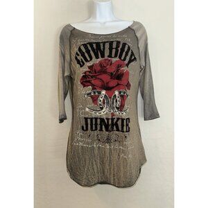 Velvet Stone Grey Gem Cowboy Junkie T-Shirt Grunge Y2K Goth Vintage 3/4 Sleeve L